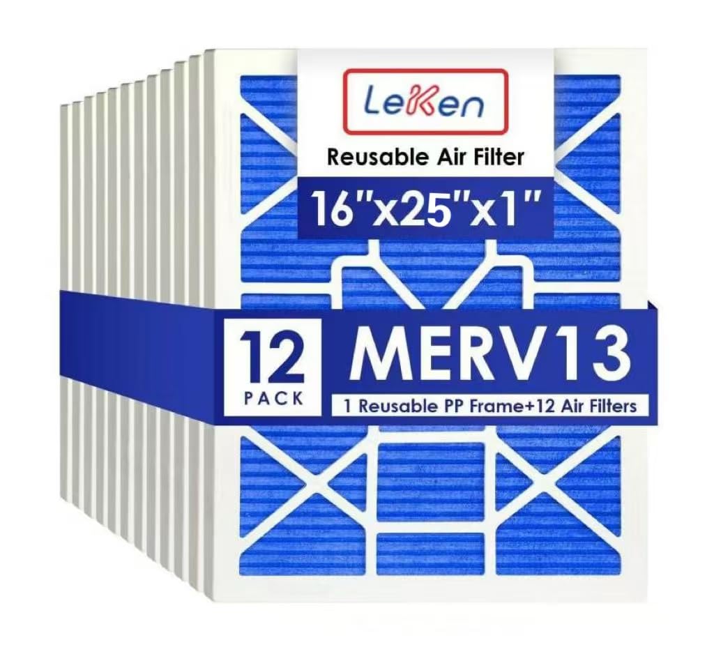 LEKEN 16x25x1 AC Furnace HVAC Filter Reusable Electrostatic Filters MERV 13 For Households With Pets, 12 Pack(Contain 1 reusable ABS frame+12 filter cartridges)