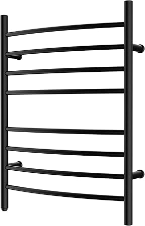 HEATGENE Towel Warmer 8 Bar Plug-in Curved Bath Towel Heater Towel Warmer for Bathroom Plug-in Drying Rack Matte Black