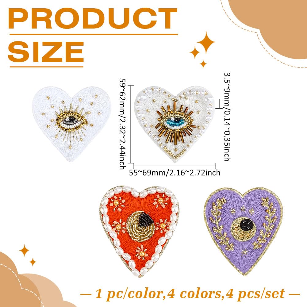 MAYJOYDIY 4 toppe con perline a forma di cuore con occhi malvagi, 4 stili, ricamate a mano, con strass, da cucire, per vestiti, jeans, giacche, borse, scarpe