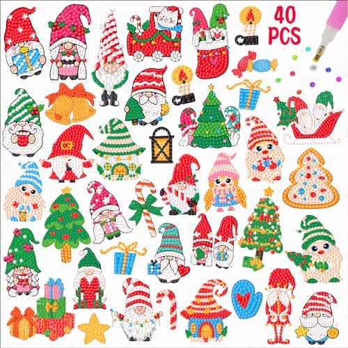 CAYUDEN Diamond Painting Stickers Kits for Kids 40pcs Christmas Diamond Arts Paintings Stickers Kit 5D DIY Diamond Painting Xmas Mosaic Stickers Gem Arts and Crafts for Kids Party Xmas Decorations