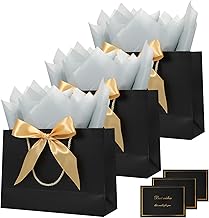 Black Gift Bags With Bow Ribbon,Tissue and Card, Medium Gift Bags For Christmas New Year Wedding Graduation Birthday Party Celebration Present