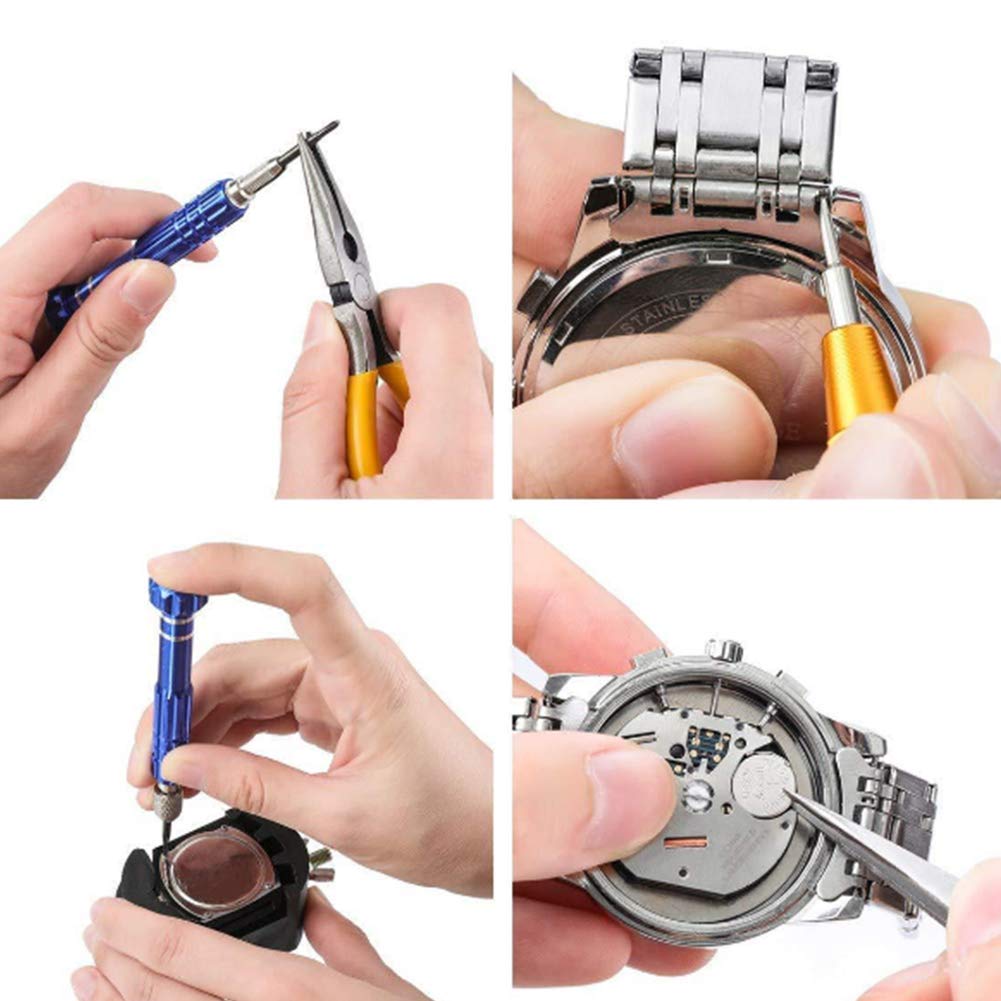 Kit de herramientas de reparación de relojes, juego de herramientas de reemplazo de batería de reloj con estuche de transporte, herramientas de barra de resorte para abrir cajas de relojes para repara