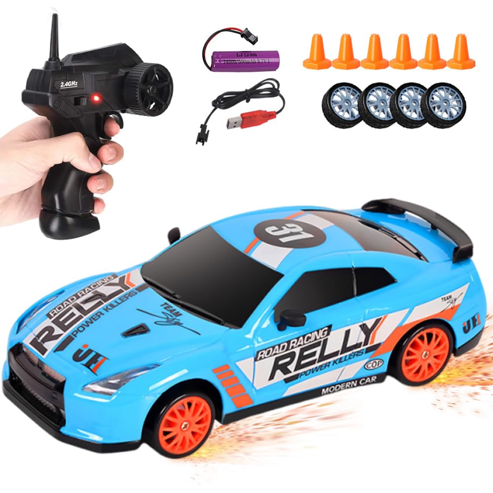 Coche RC Drift, 1:24 Coche Teledirigido Drift con Iluminación, 30 km/h, 2.4 GHz, 4WD Drift RC Car, Coche de Drift Teledirigido para Niños y Adultos a Partir de 6 Años (Azul)