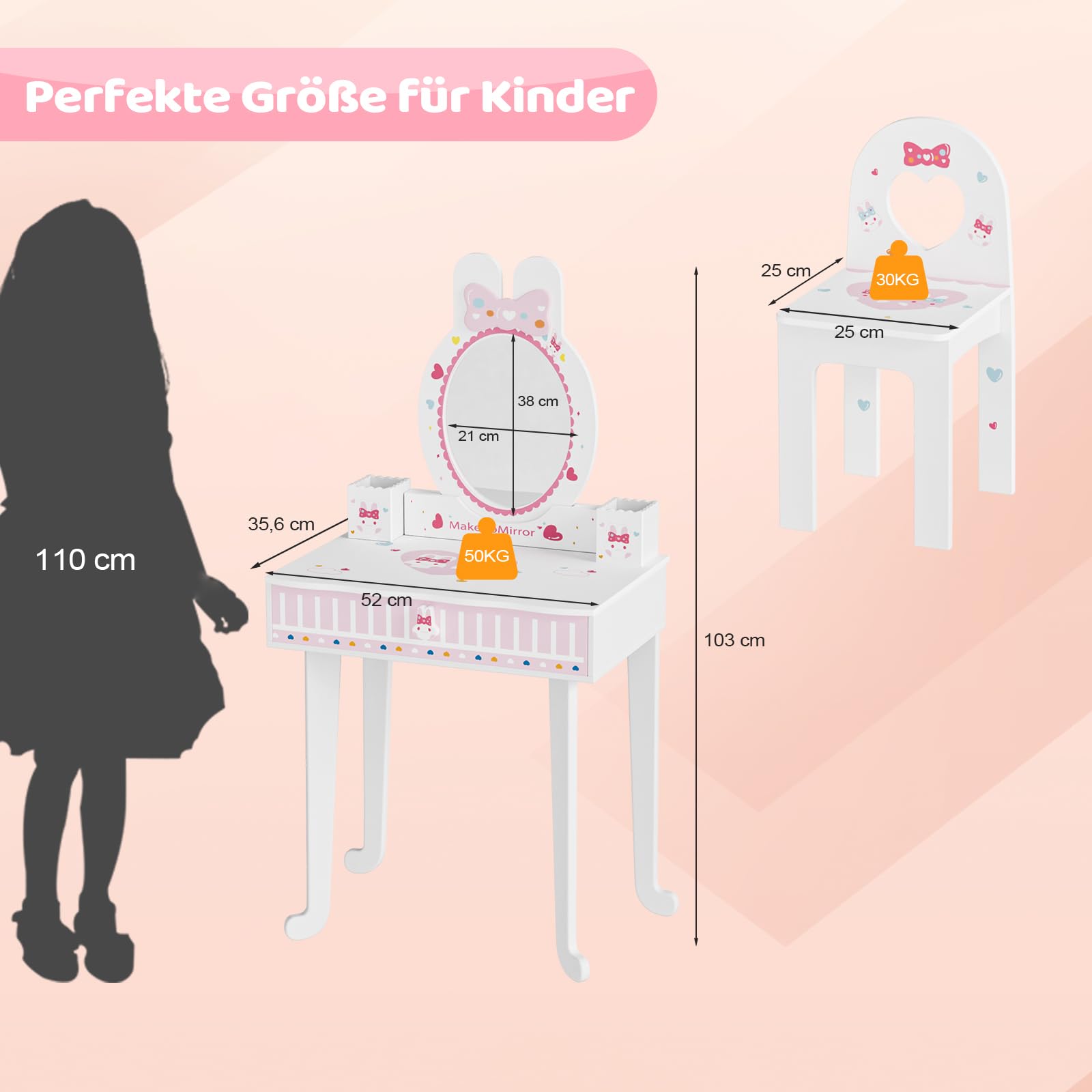Bonnlo Coiffeuse pour Enfants 106cm, avec Miroir et Tabouret, Coiffeuse Enfant Fille avec Accessoires, Bureau 2 en 1 (Blanc)