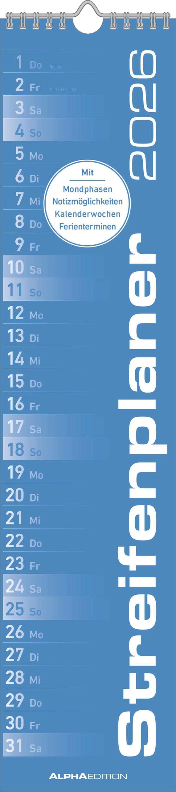 Streifenplaner Blau 2026 – Streifenkalender, Wandplaner, Küchen-Kalender, Notizkalender (teNeues)