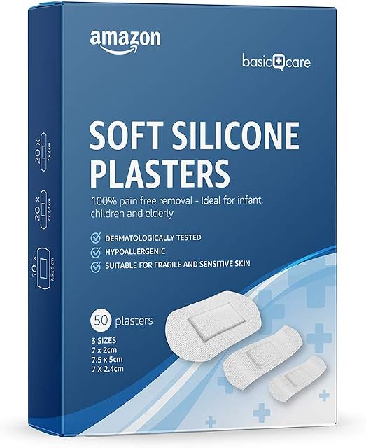 Amazon Basic Care - Soft 100% Pain Free Removal Silicone Plasters - Suitable for Infants, Kids and Elderly, 3 sizes - 50 Plasters