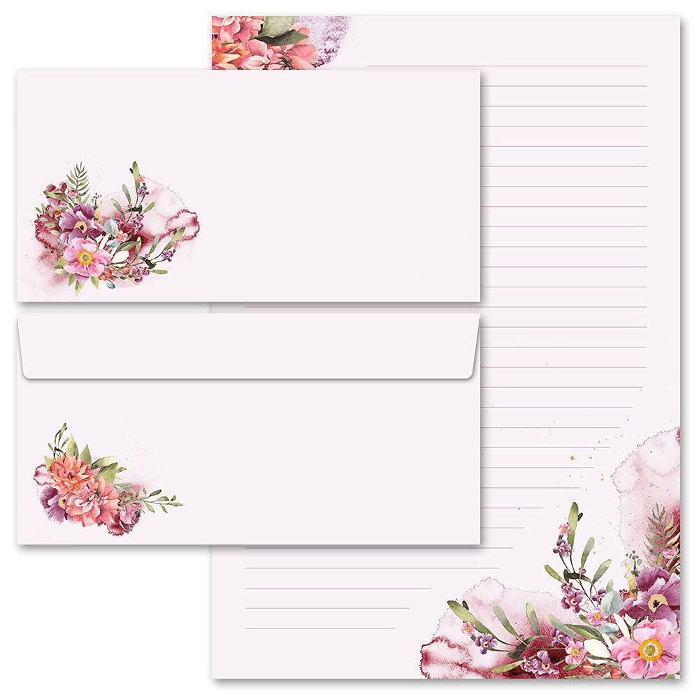 Stationery-Sets Flowers & Petals, Flower TIME 100 Sheets of Stationery Paper + 100 Matching envelopes DIN Long windowless