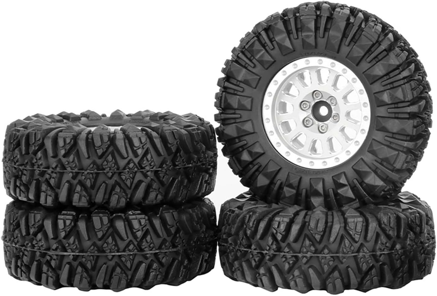 1.3” All-Terrain Tire and Wheel Set, Metal Beadlock 5mm & 7mm Hex Wheels for SCX24 TRX4M 1/12 1/14 1/18 1/24 RC Crawler Car (D, Silver)