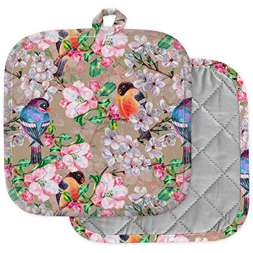 [Pack Of 2] Pot Holders For Kitchen, Washable Heat Resistant Pot Holders, Hot Pads, Trivet For Cooking And Baking ( Watercolor Flowers Cherry Apple Bird ) #TOP28