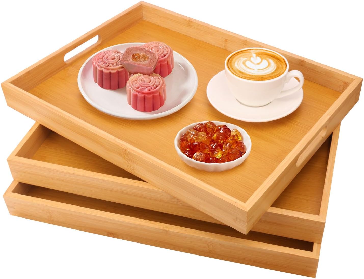 3 Pack Large Bamboo Serving Tray with Handles - 16 x 11.6 Inch Wooden Dinner Tray, Home Kitchen Decorative Tray, Breakfast Trays for Eating on Couch, Lap Trays, Coffee, Kitchen, Picnic