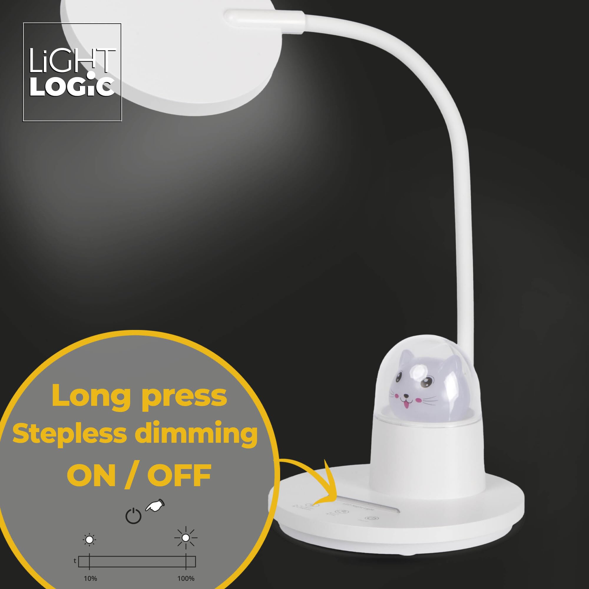 Schreibtischlampe Kinder LED für Mädchen mit Nachtlicht - Katzenmotiv, Dimmbare Tischlampe, 3 Lichtfarben, Rotierbar