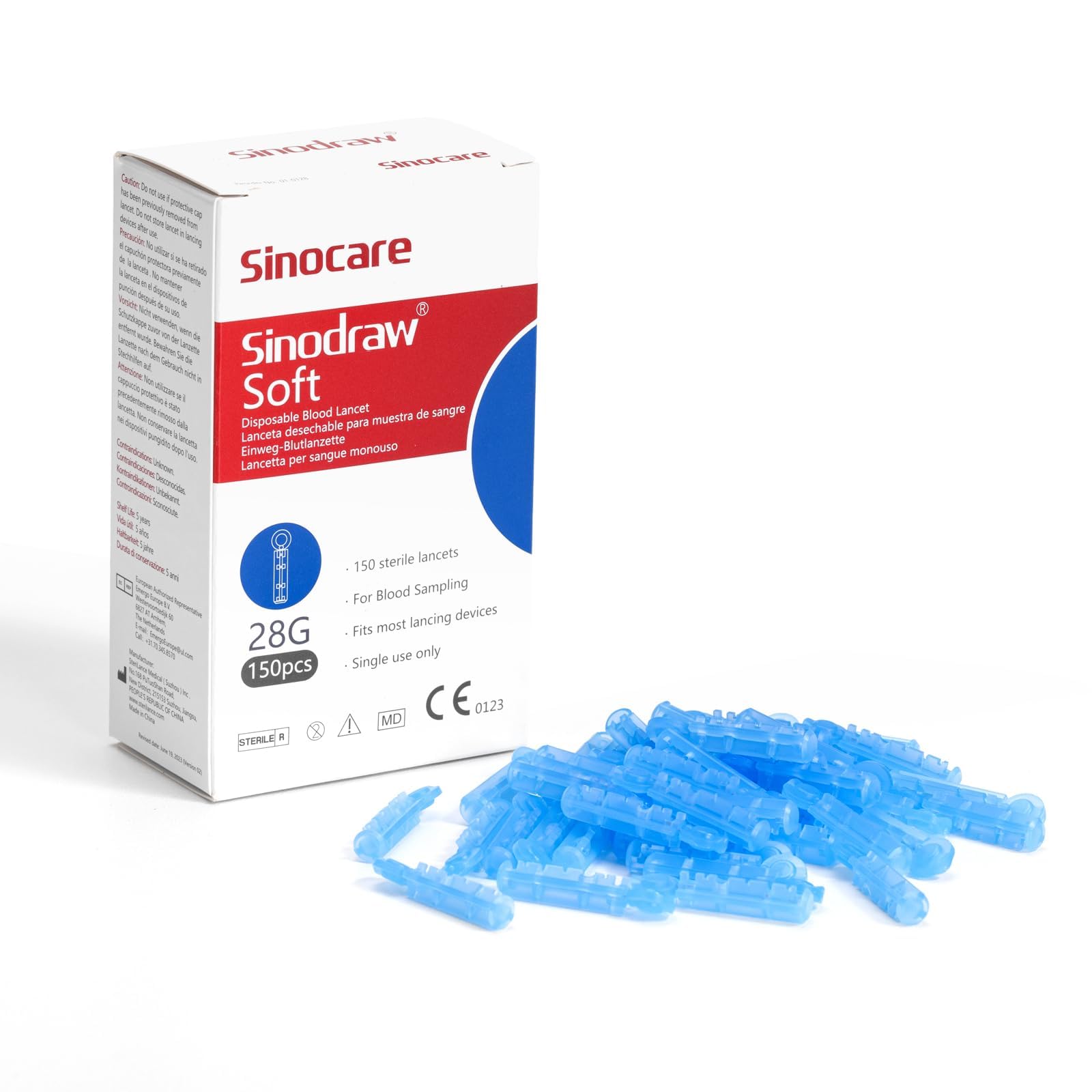 150pcs Lancette per Misuratori di Glicemia Bassa Sensibilità al Dolore, Aghi per Misuratori della Glicemia, Pungidito per Glicemia/Acido Urico/Chetoni nel Sangue Sinocare Pungidito Sterili 28G