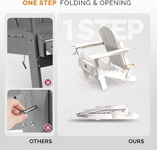 Miniatura 7 de VINGLI Juego de 2 sillas plegables Adirondack con otomana, silla impermeable de plástico HDPE para exteriores con reposapiés ocultos, asientos