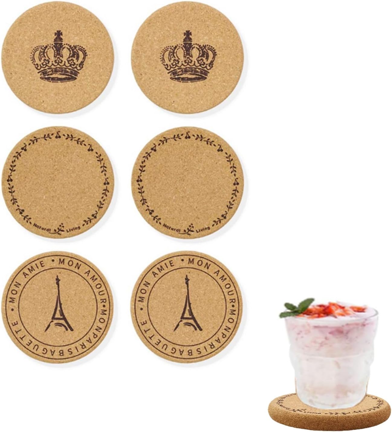 Bamyli Cork Coasters for Drinks,6 Pack Thick Cork Trivets Pattern Round