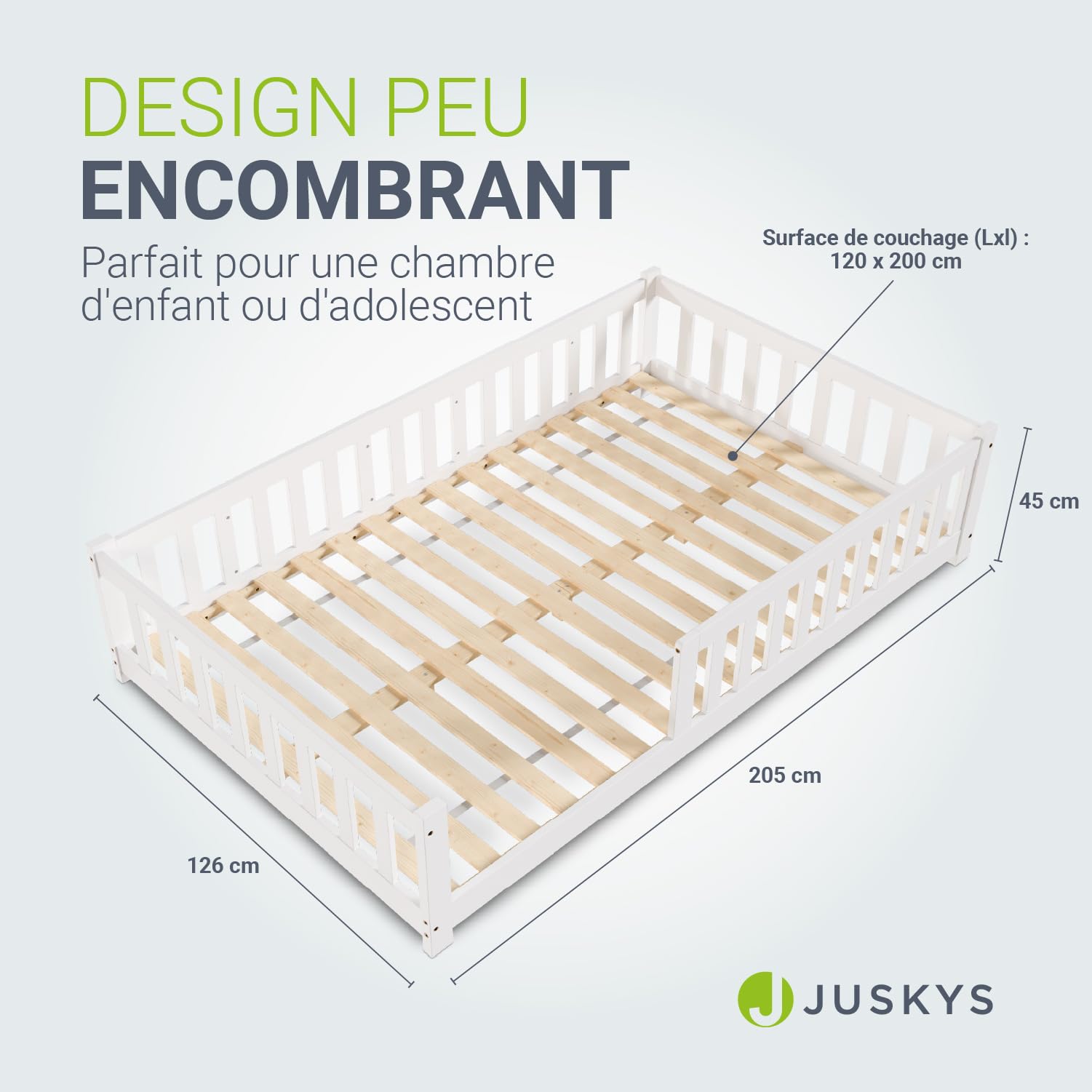 Juskys Lit au Sol Enfant Naya 120x200 cm avec Barrière de Sécurité et Sommier à Lattes, Lit à barreaux Montessori en Bois Massif Pin pour Enfants et Adolescent, Blanc