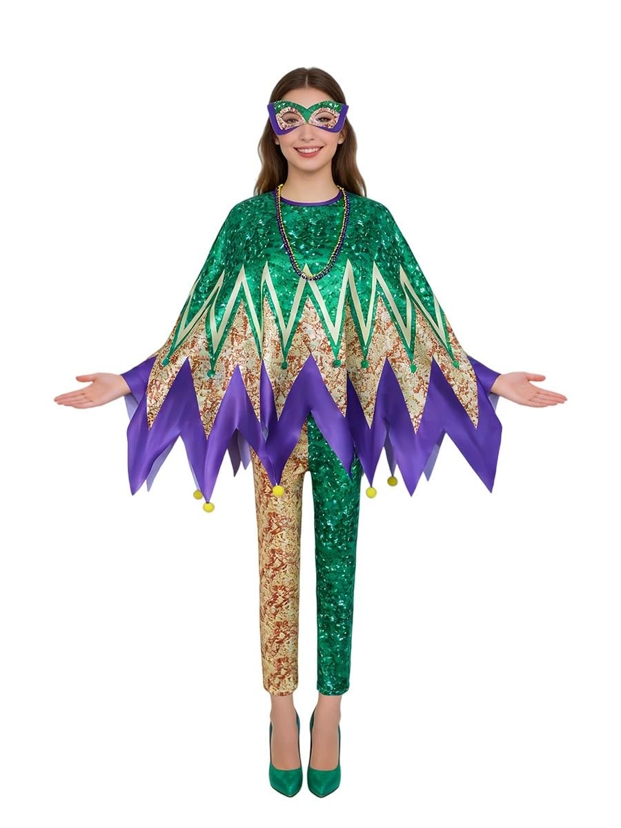 Mardi Gras zestaw kostiumowy dla kobiet, cekinowa peleryna i spodnie z maską i koralikami, kostium karnawałowy, bal maskowy, fantazyjny strój