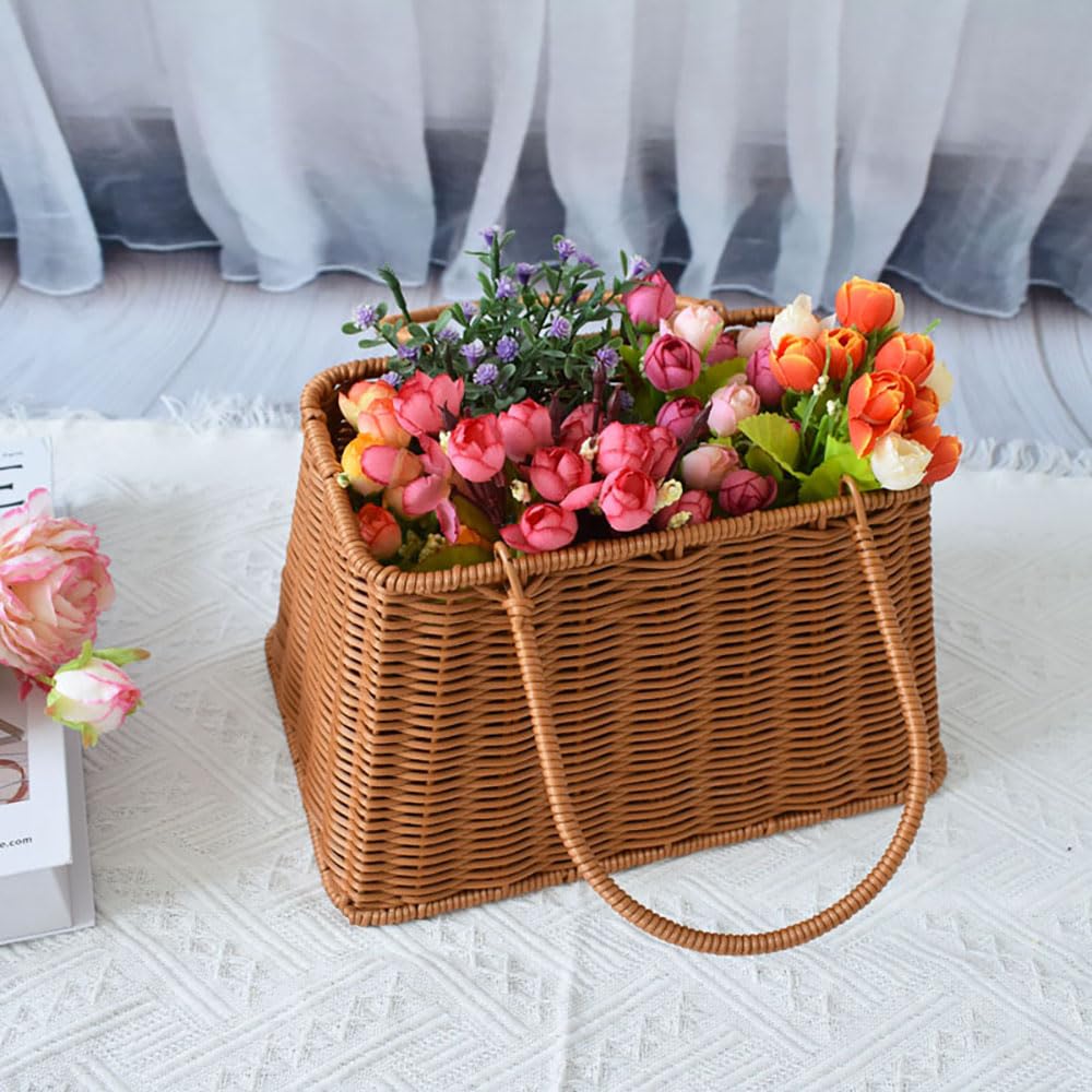 RT&BS Rattan-Stil gewebter Korb - Eleganter handgewebter Blumenkorb, Osterkörbe mit Griff, Geschenkkörbe für Heimdekoration, Hochzeit, Picknick, Party (Schal & Perlendekoration)