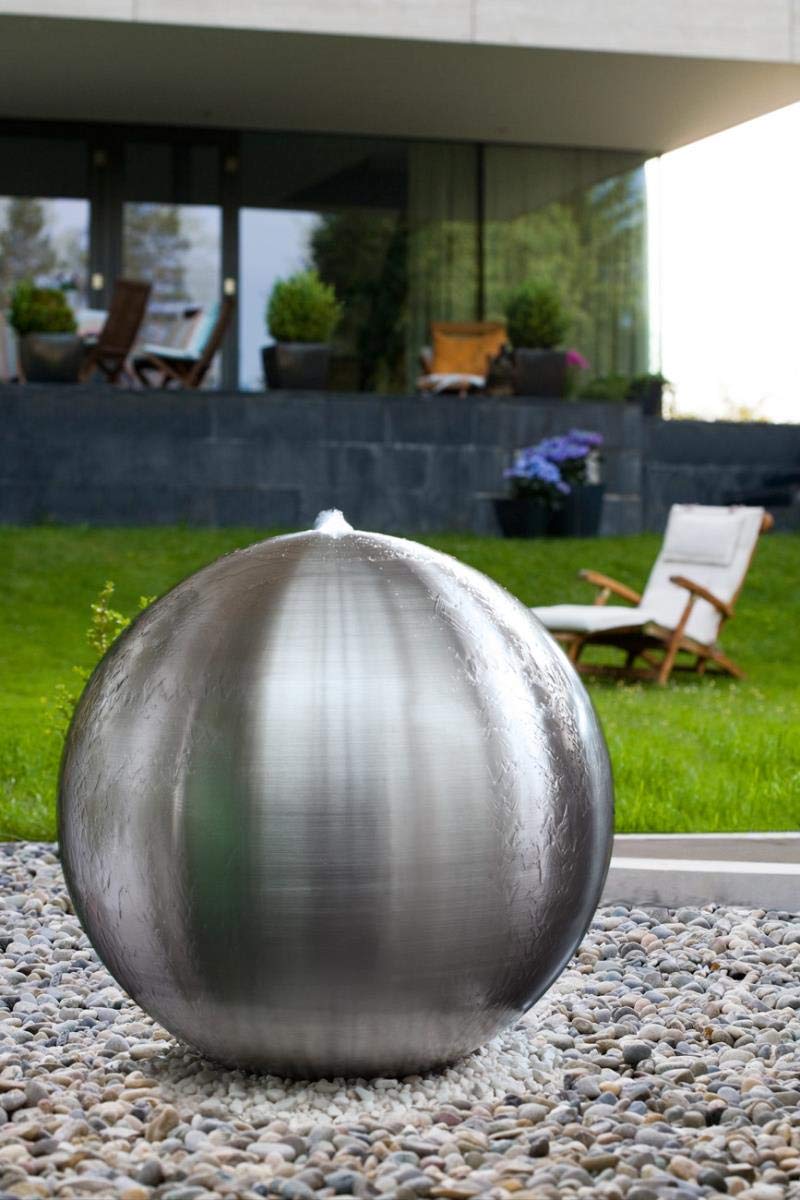 Windworks Edelstahl Kugelbrunnen Arctic 40 matt Becken Abdeckung Zierkies Pumpe Beleuchtung Zuleitung 10m Kugel Ø 40cm