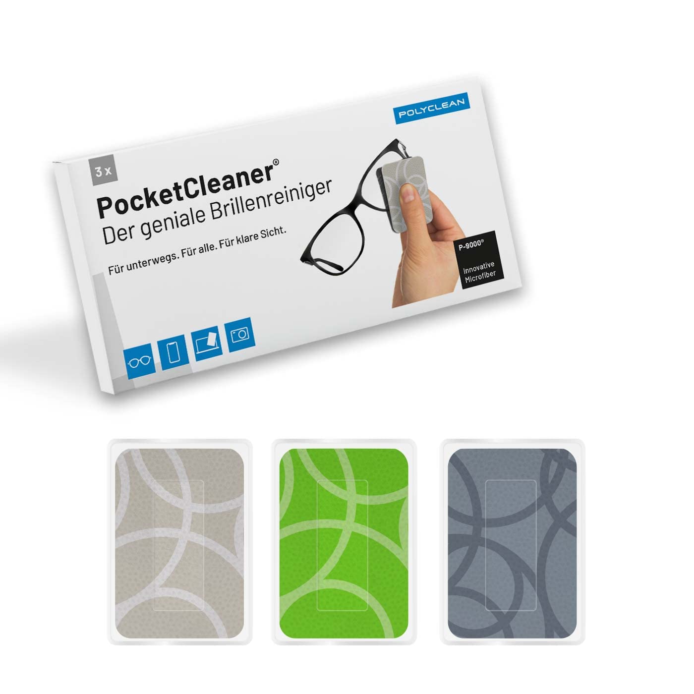 POLYCLEAN 3 x PocketCleaner® Glasses Cleaning Cloths - Practical Glasses & Screen Cleaner - Microfibre Cloth Made in Germany (12 x 4 cm, Pack of 3, Circles)