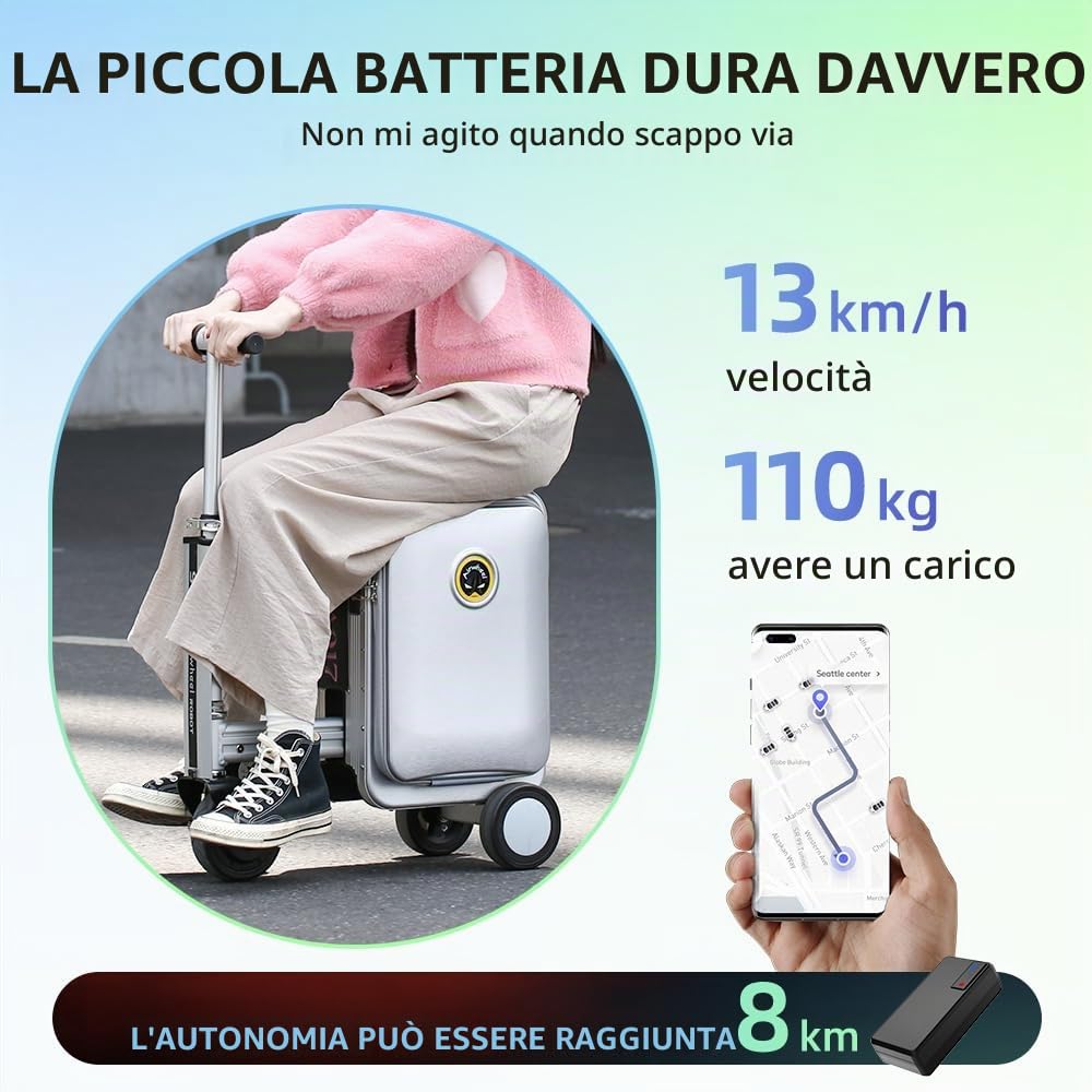 Airwheel SE3S Valigia Smart da viaggio da 20 pollici, valigia elettrica imbarcabile, batteria rimovibile 73,26WH, velocità 13 km/h, telaio in lega di alluminio, carico 110 kg (argento)