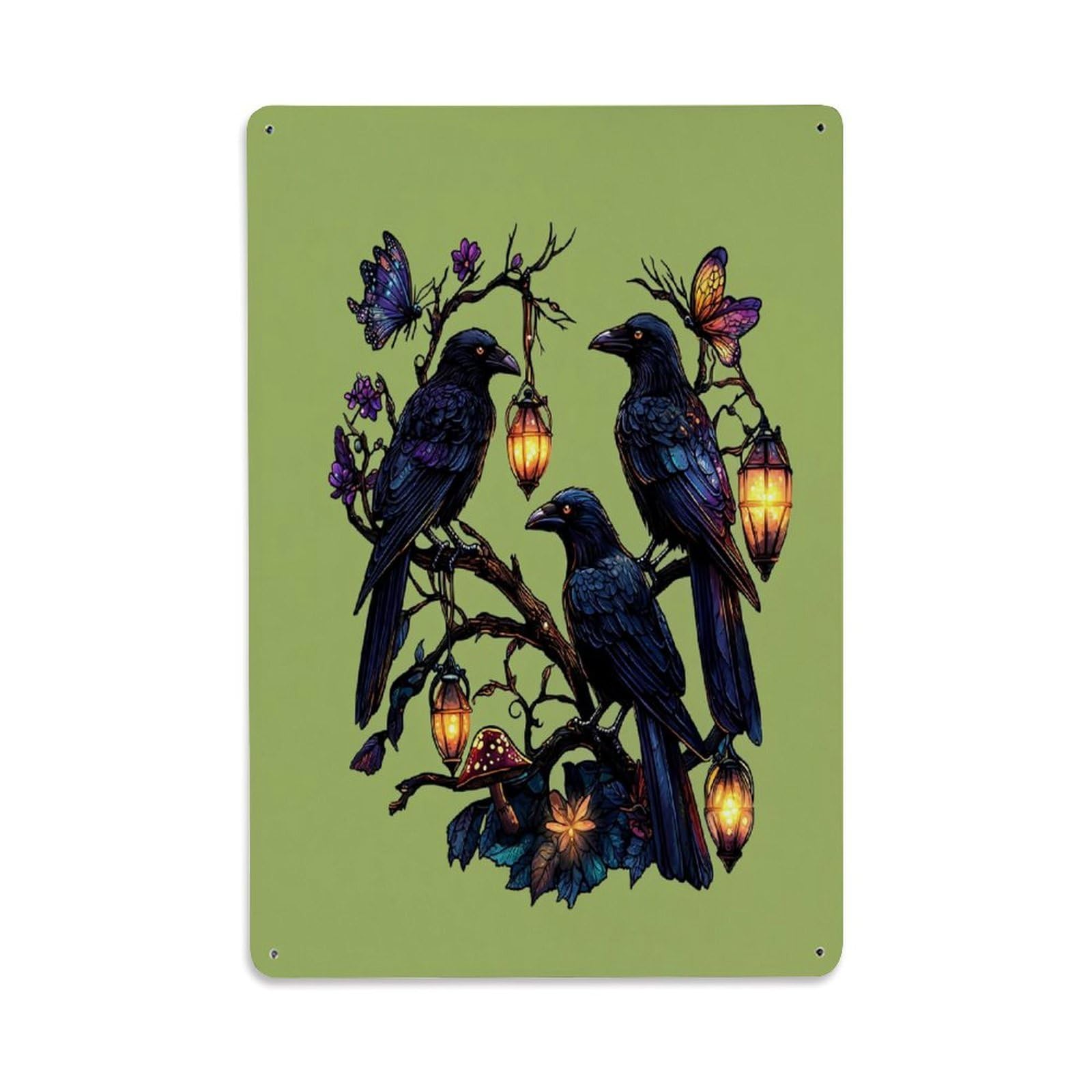 Jdfenggu Vintage Crows Lanterns Butterflies Flowers Mushrooms Retro Metal Tin Sign, Decor Art Poster For Bar, Home, Man Cave, Kitchen, Laundry Room Gift 8X12inch