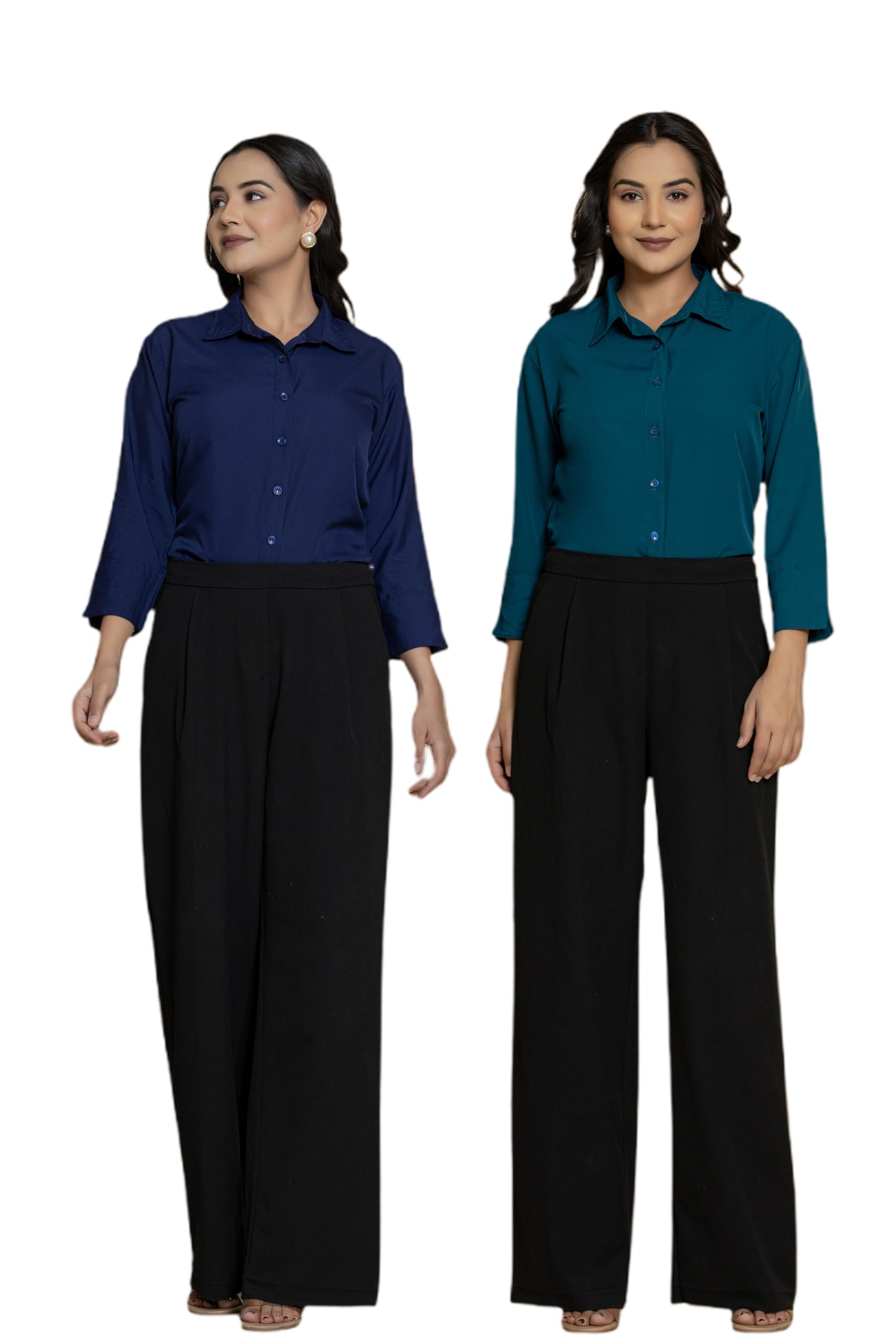 Women's Polyester Stylish Regular Fit Button Down Plain Solid Formal Casual Combo Shirts for Women Office Wear-picture-37