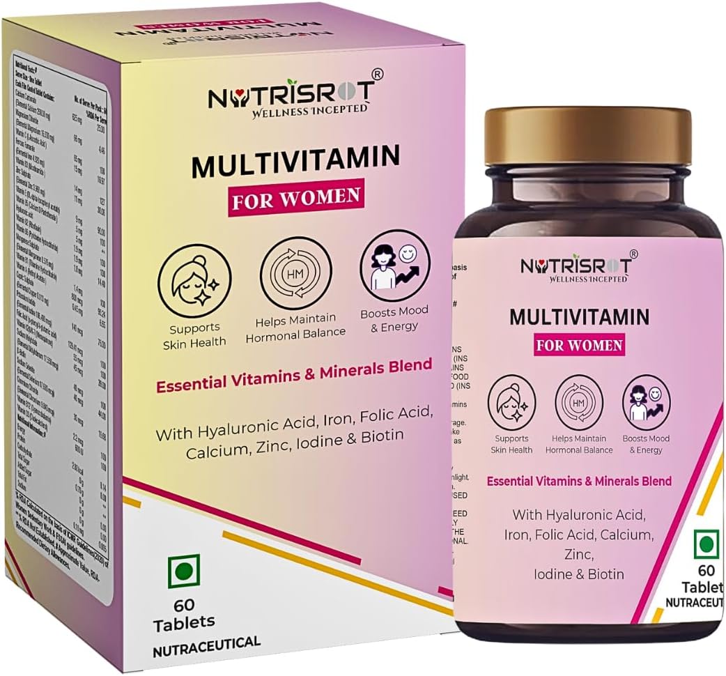 NUTRISROT̖ Multivitamin & Multi-mineral Supplement For Women with Hyaluronic Acid, Vitamin A, B Complex, B12, C, D3, K2-7, Biotin, Folate| Calcium, Magnesium, Iron, Zinc, Selenium| For Skin Glow, Immunity, Energy, Bone & Brain Health (60 tabs)