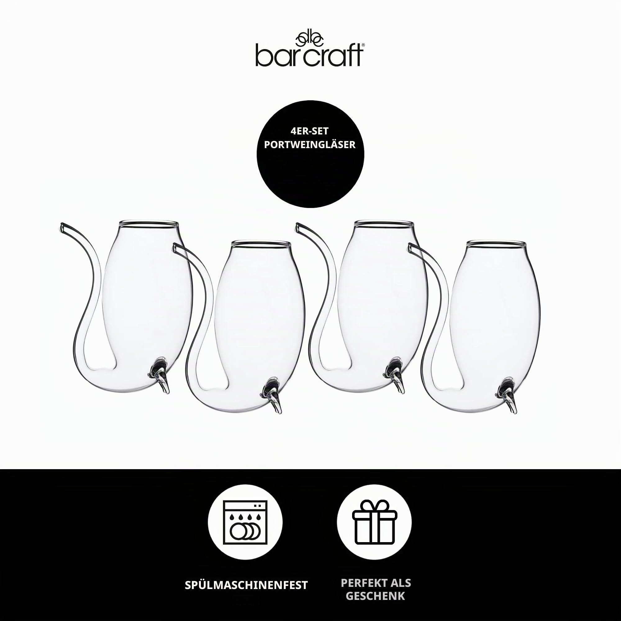 BarCraft Portwein-Trinkgläser, 4er-Set Portweinschöpfer, mundgeblasene Cognac-Gläser, 90ml Fassungsvermögen, 16 x 16 x 13cm, 1 Set