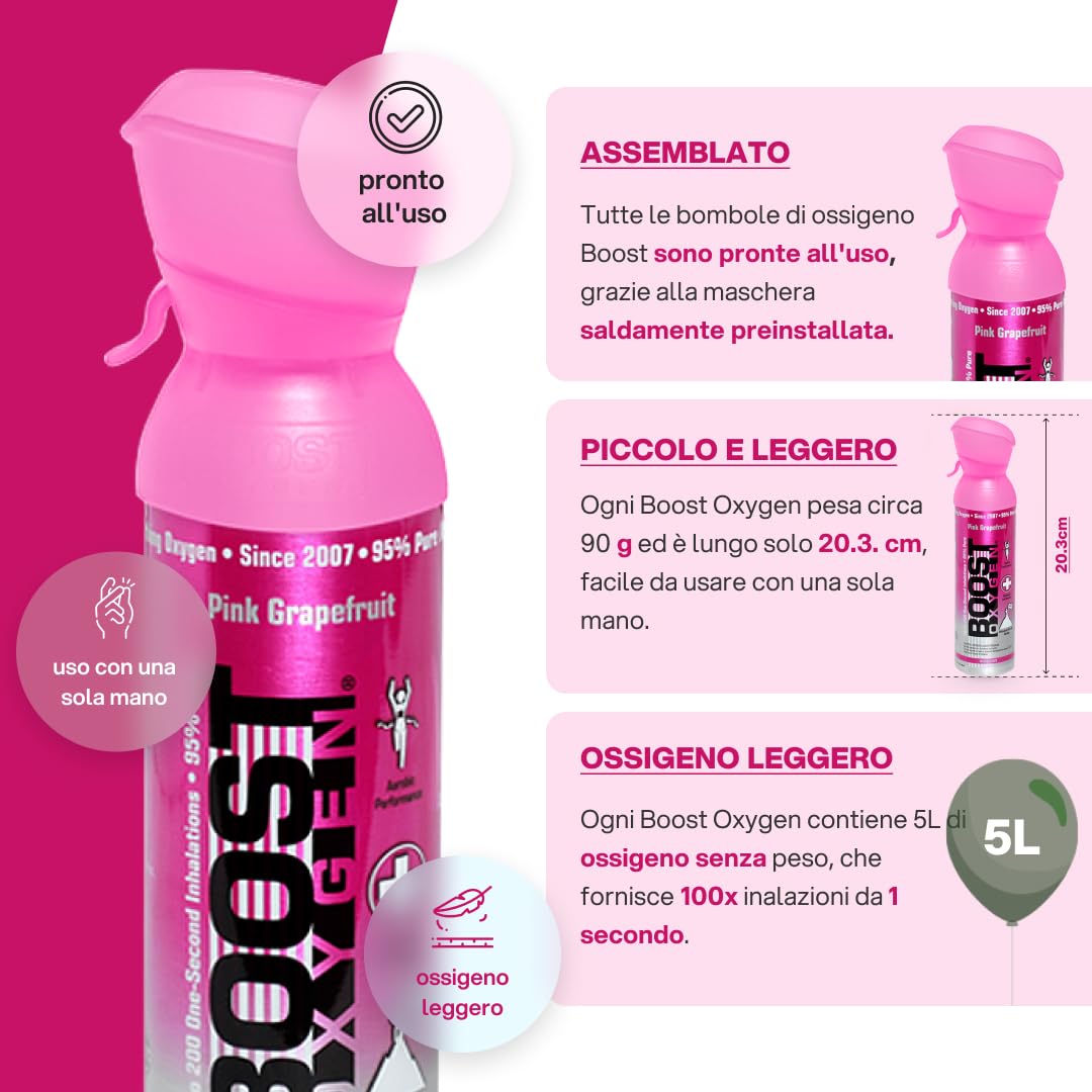 Boost Oxygen - Bombola di Ossigeno Portatile - Bomboletta di Ossigeno Puro e Naturale al 95% - Concentrazione, Recupero, Energia, Umore, Medio - 40Lt,8x5Lt (8x Pacchi - 800 Inalazioni) - Pompelmo Rosa | Bomboletta di Ossigeno Puro al 95% Portatile per Rec