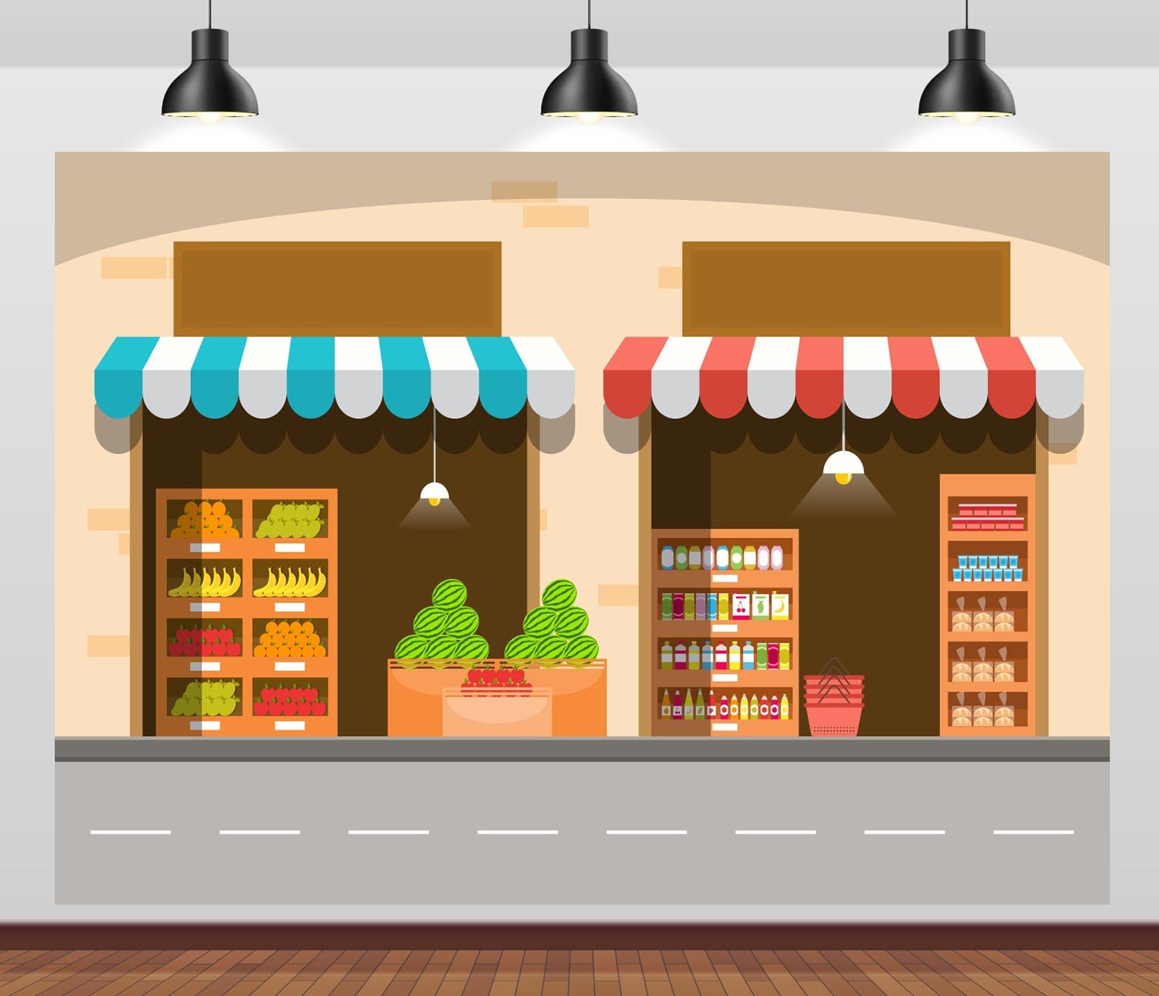 BELECO 3x2.5m Fondo Tienda Frutas Verduras Dibujo Animado, Tienda Comida Callejera, Decoración Fiesta Tema Alimenticio Estudio Foto