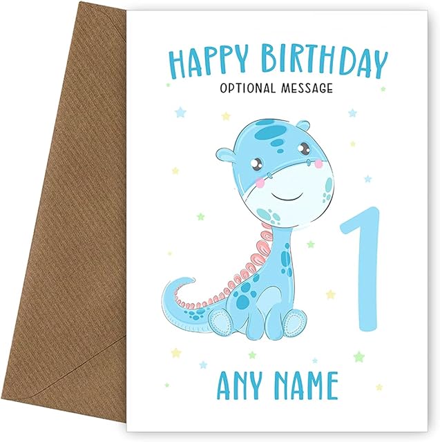 Boys 1st Birthday Card for Son, Brother, Grandson, Nephew, Godson - Blue Dinosaur Card for First Birthday - For a Boy Age 1 when he is 1 Today. Little Brother, Cousin, Young Children's Birthday Card