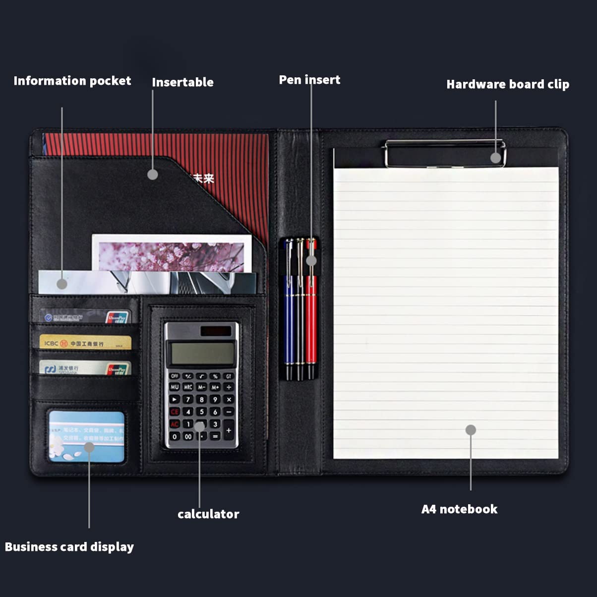 Ledermappe A4 Portfolio-Ordner aus PU-Leder, Klemmbrett-Ordner-Organizer, Lebenslauf-Portfolio-Ordner für Männer/Frauen mit Klemmbrett im A4-Format