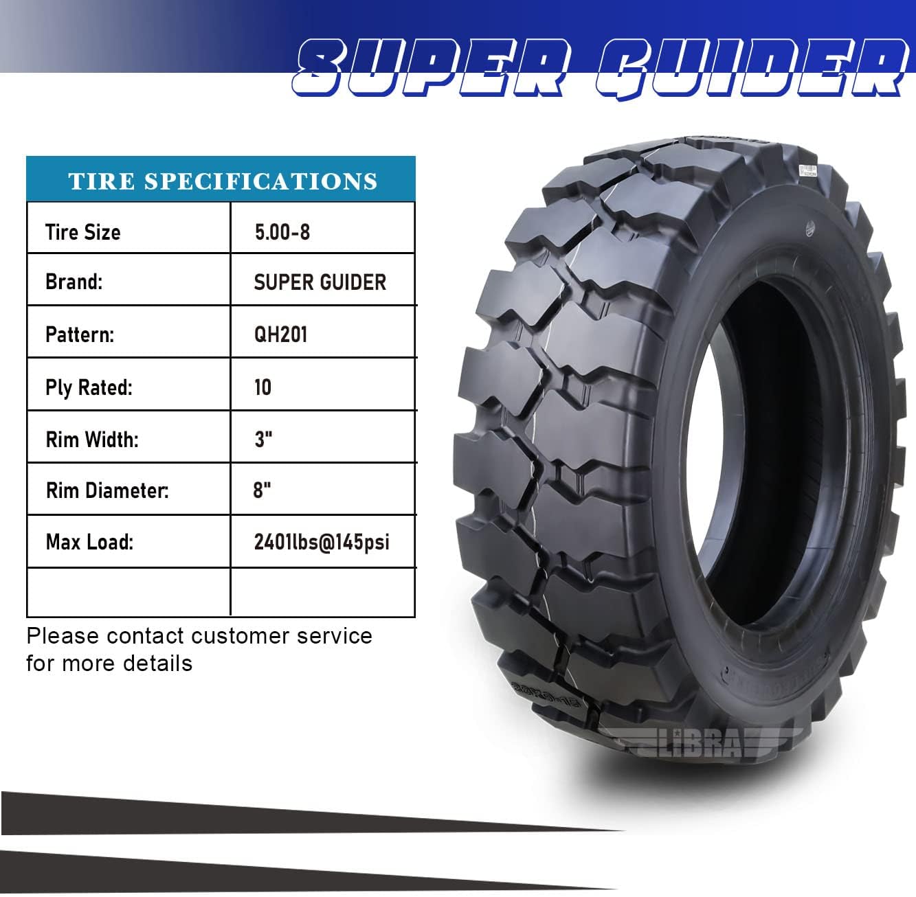 SUPERGUIDER HD 5.00-8 Forklift Tire 10PLY (1 Tire + Tube + Flap) w/Tube Flap 5.00x8, SET 2-12026