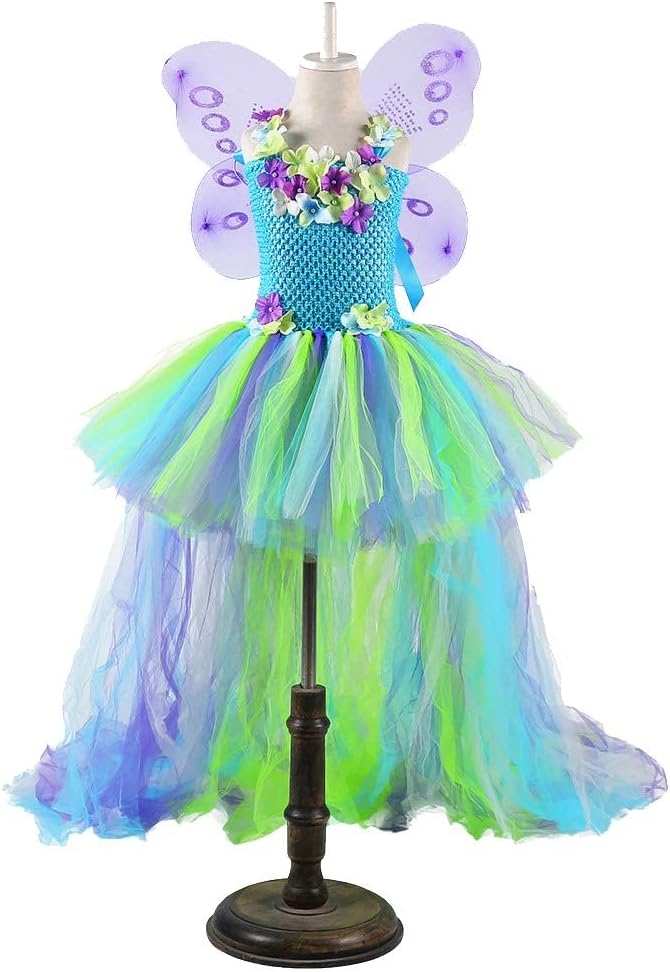 Long Train Fairy Princess Dress for Girls 1-8Y with Wings Set Birthday Party