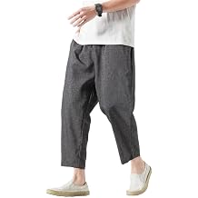 Men's Cotton Linen Harem Pants Drawstring Casual Cropped Trousers Lightweight Loose Beach Yoga Pants with Pockets