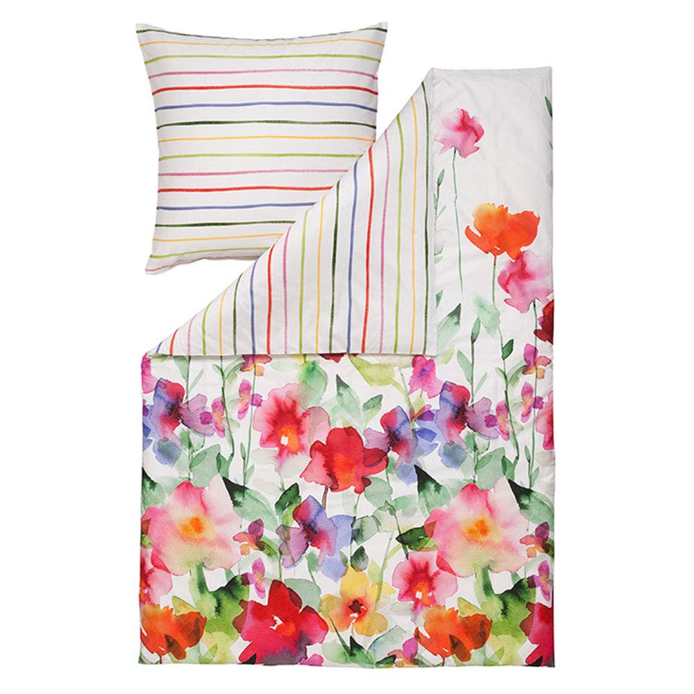 ESTELLA Wendebettwäsche Aquarell 4703 985 Bunt Blumen Blüten Streifen Gestreift Mako Satin, Größe:135 cm x 200 cm