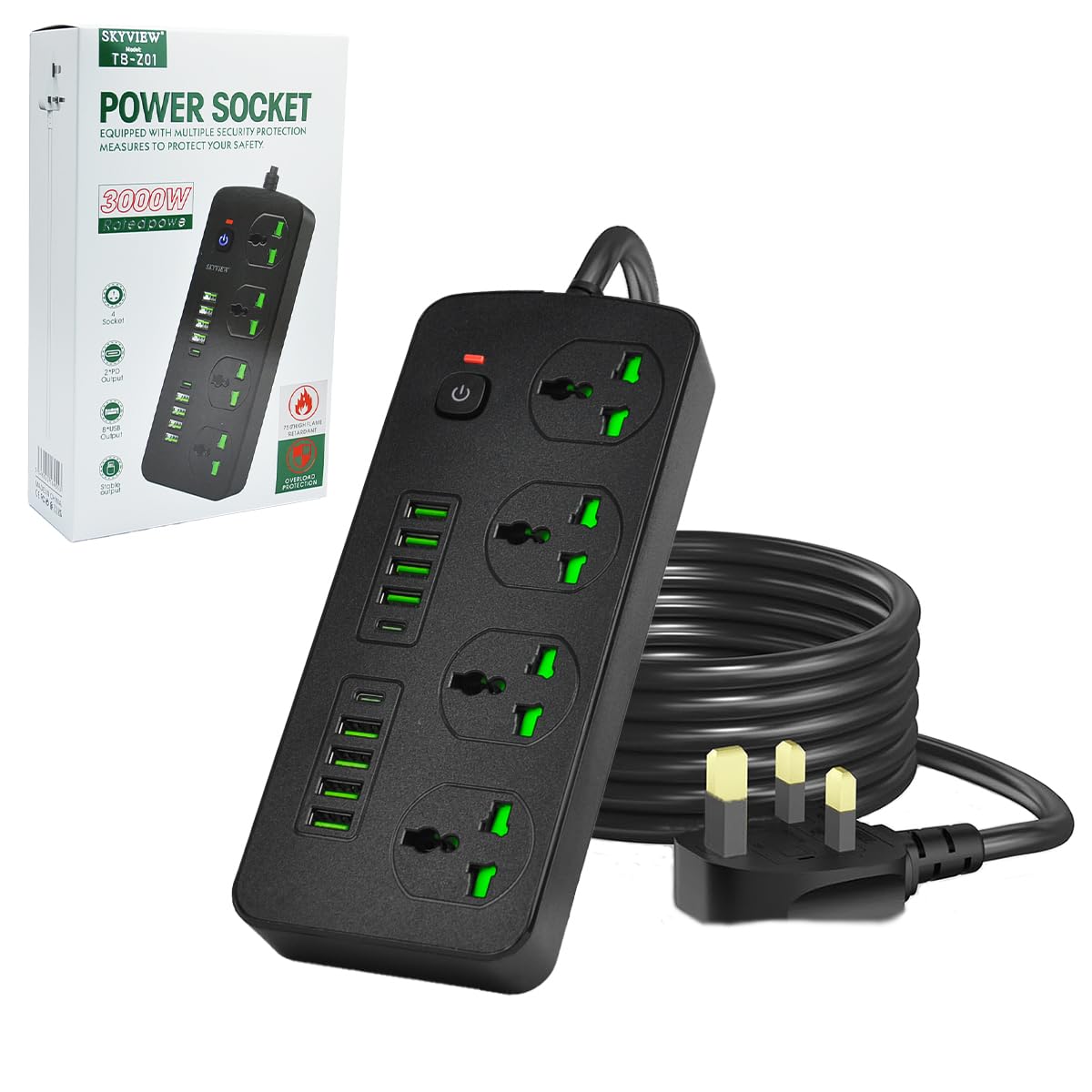 Surge Protector Power Strip-SKY VIEW Flat Plug Extension Cord With 4 Outlets And 8 USB Ports And 2 Type-C Ports,2M Power Cord(3000W/16A/110V-265V)PC Flame Retardant Material,Pure Copper Core (Black-2)