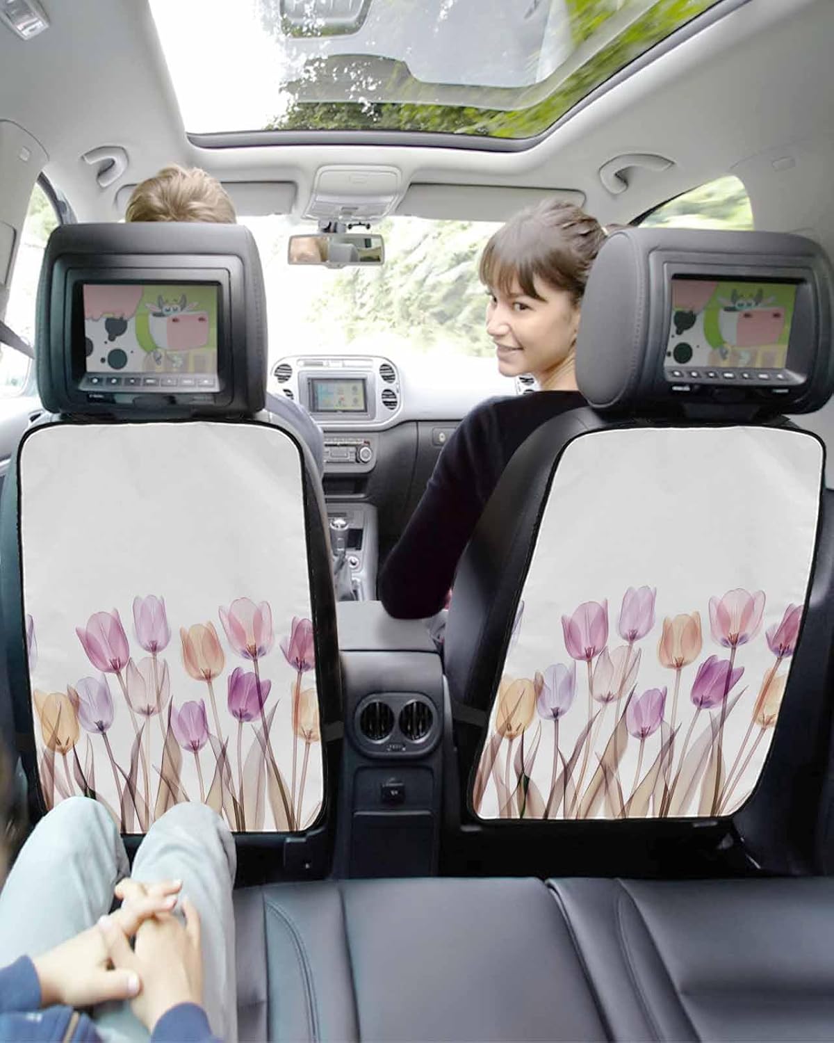 Car Seat Protector, 2 Pack Kick Mats with Organizer - 3 Pocket Storage, Modern Minimalist Watercolor Tulip Flower Pattern Back Seat Cover for Kids Universal Fit Automotive Interior Protectors