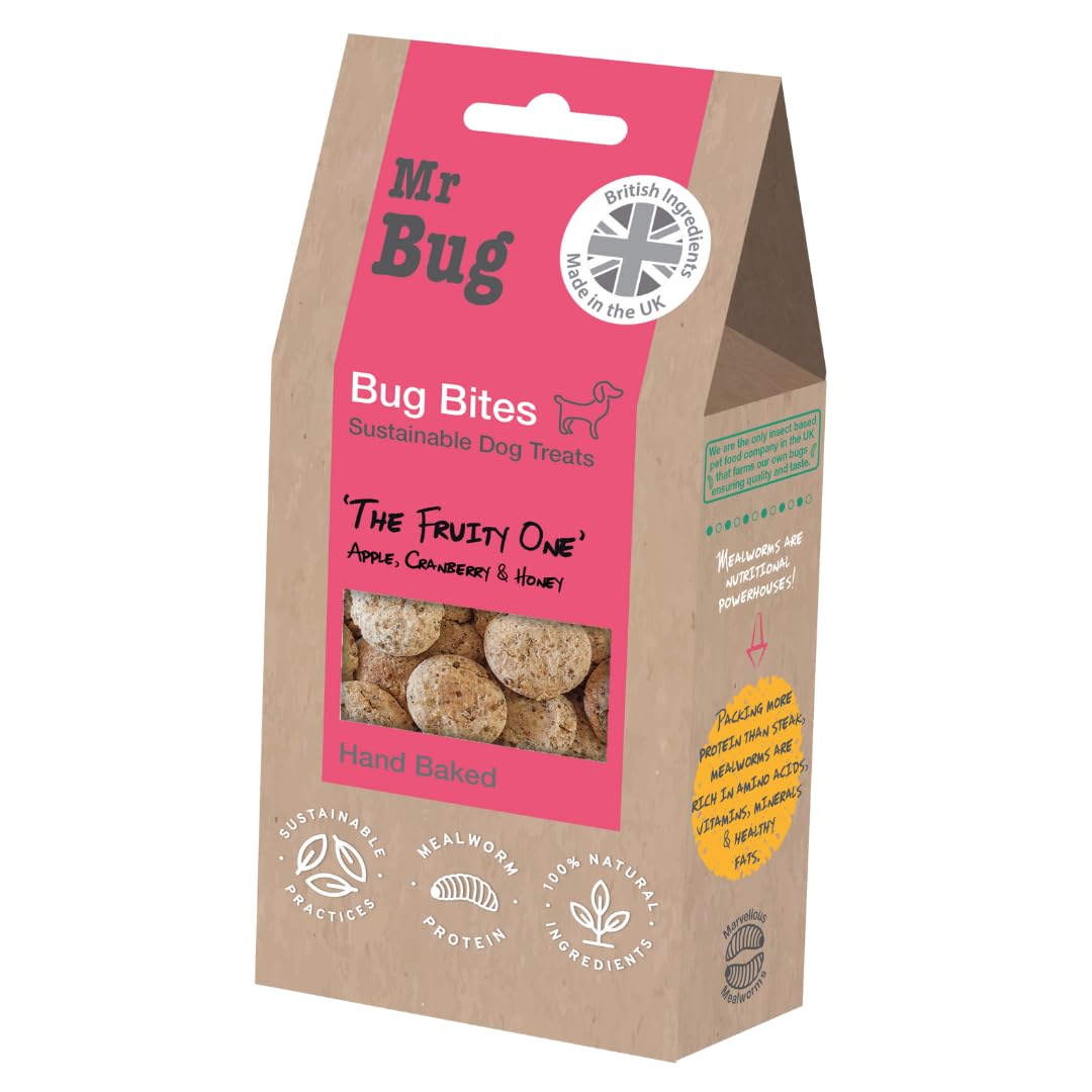 Mr BugBug Bites The Fruity One with Apple, Cranberry and Honey. Insect based dog treats. Hypoallergenic. Suitable for all ages of dogs.