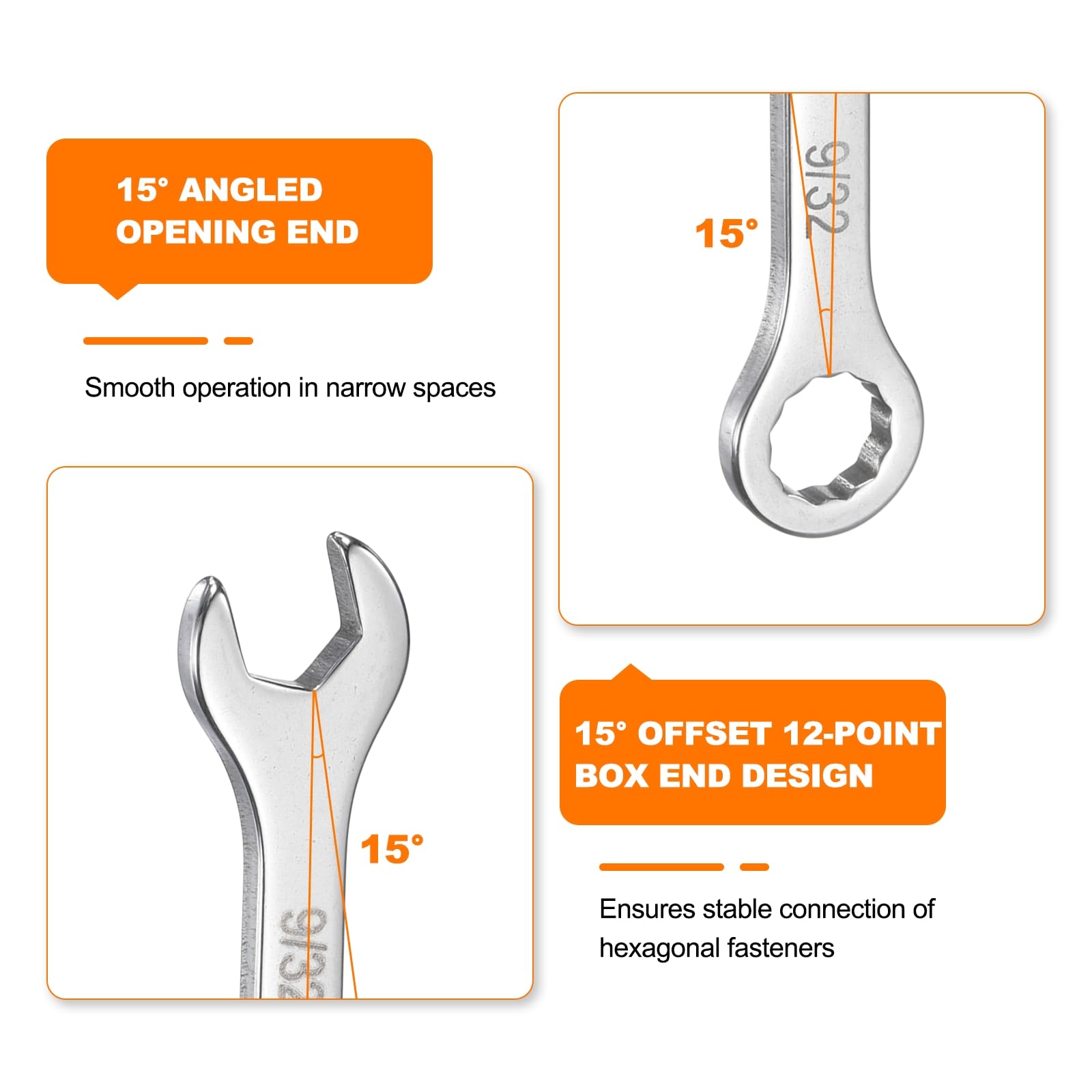 HARFINGTON Thin Combination Wrench Set – 10 Sizes 5/32 To 7/16 Inch, 30Cr13 Steel, 15° Offset, 12-Point Box End