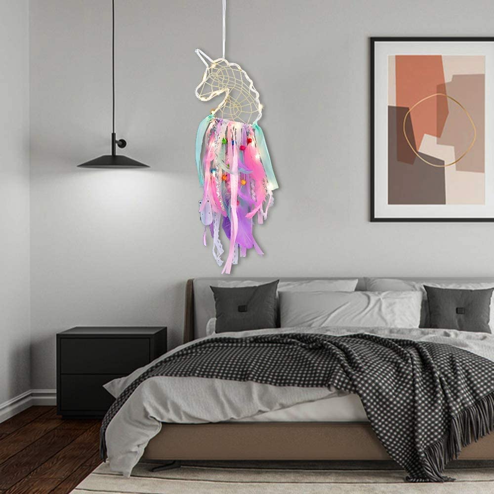 Attrape-rêves Licorne Lumineux Pour Enfants - Décoration Murale Chambre Fille, Avec Lumières LED Et Plumes Colorées - 2