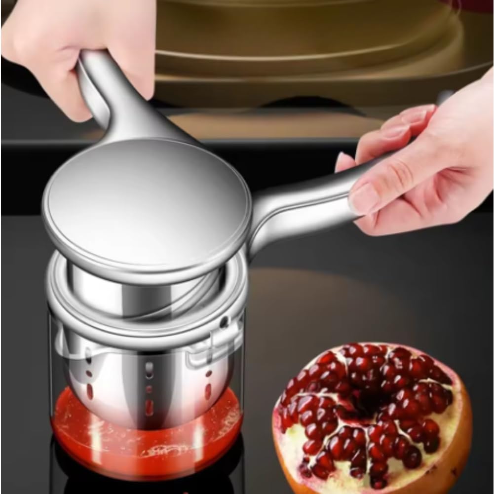 Manueller Edelstahl Entsafter mit 304 Sieb und Drehpresse für Zitronen Obst Gemüse Kartoffelpüree ergonomischer für griff aus Aluminiumlegierung spülmaschinenfest silber 26x9x10,3 cm Küchenhelfer