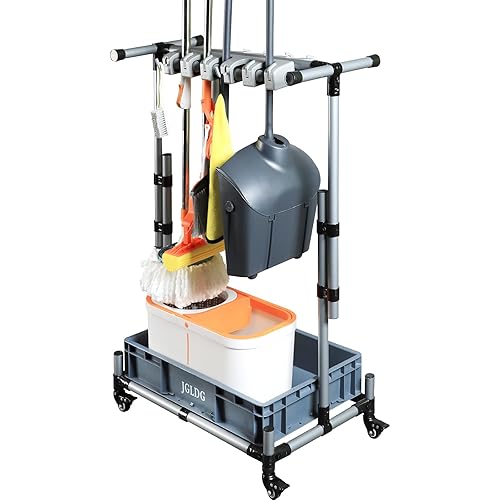 Freestanding Mobile Cleaning Tool Storage Rack, Mop and Broom Holder