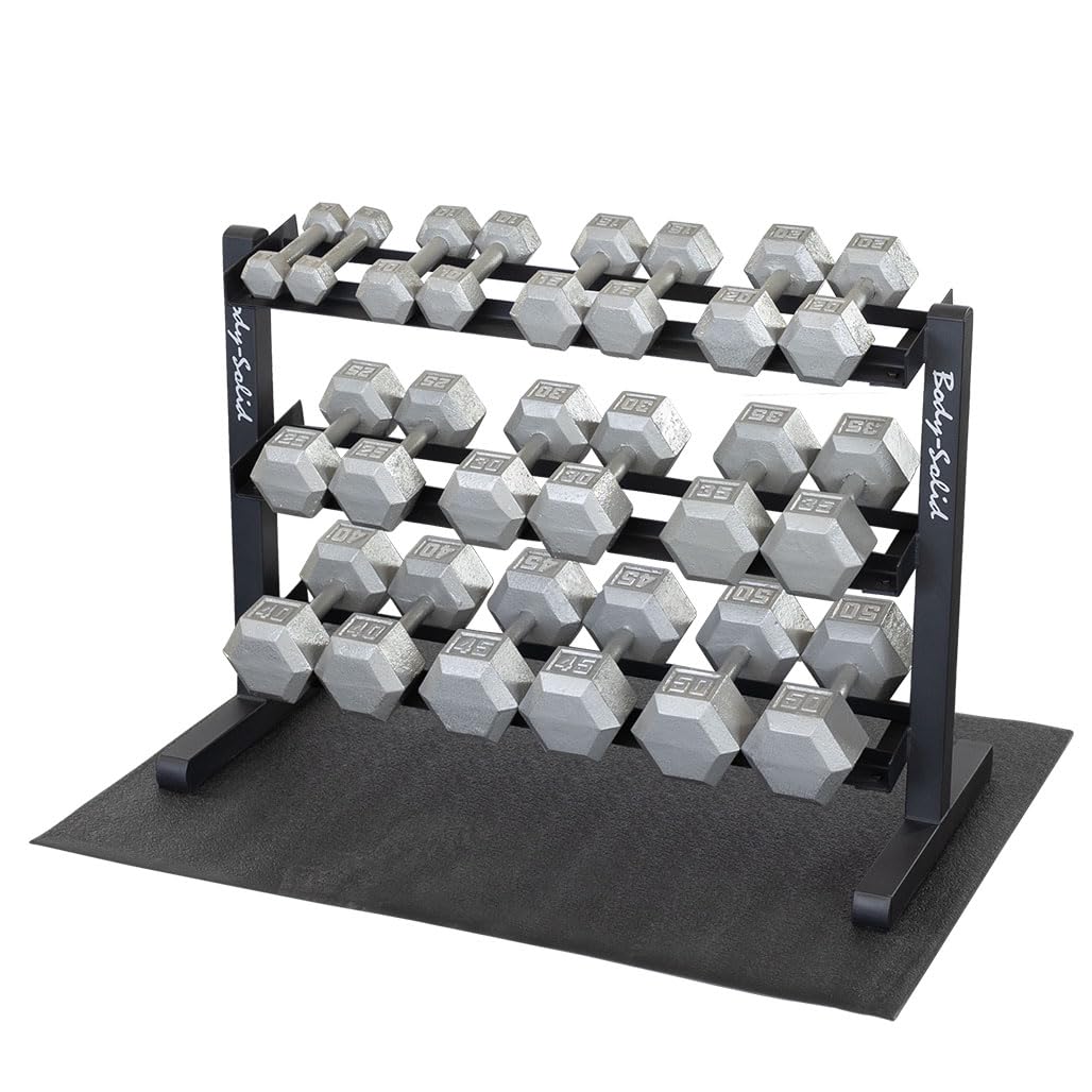 Body Solid GDR363-RFHEX Dumbbell Holder Rack with Hex Dumbbell Set 5-50 lbs Vinyl Floor Mat Weight Stand Rack