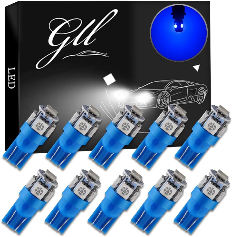 GLL 10-Pack T10 501 LED Bulbs W5W 194 168 Blue 5-SMD 5050 LED Car Interior,Dashboard,Number Plate,Sidelights Boot Light Bulbs (12 V)