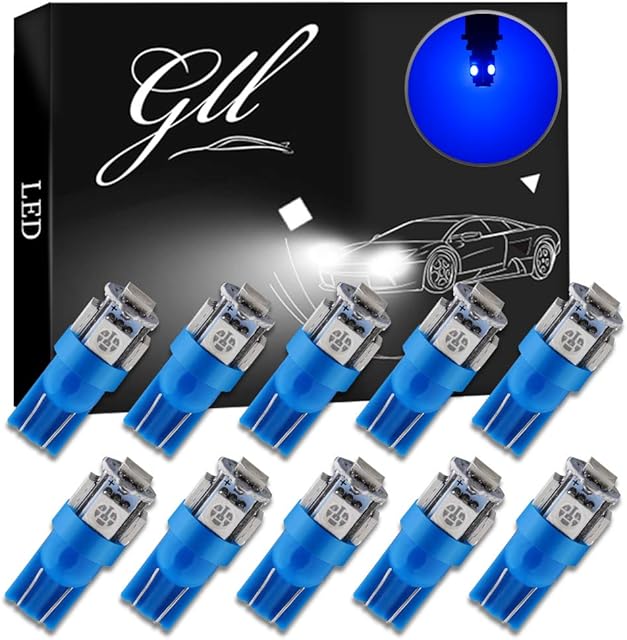GLL 10-Pack T10 501 LED Bulbs W5W 194 168 Blue 5-SMD 5050 LED Car Interior,Dashboard,Number Plate,Sidelights Boot Light Bulbs (12 V)