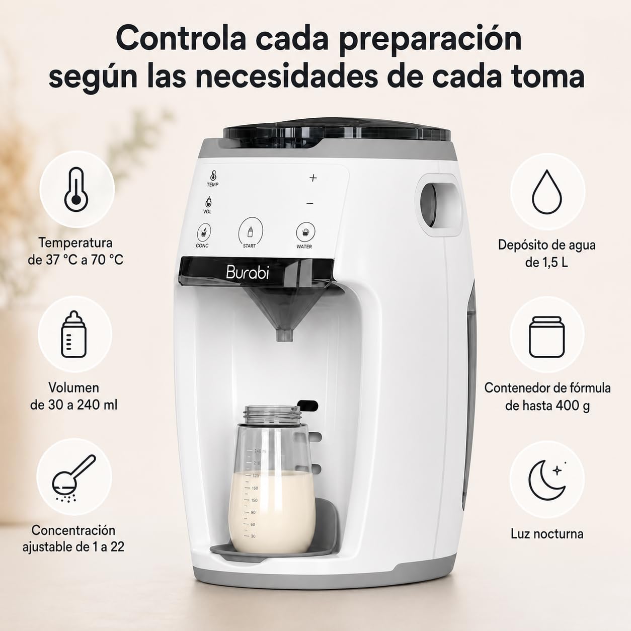 Preparador de Biberones Automático y Dosificador de Fórmula | Máquina para hacer Biberones, Mezcla Perfecta, Control de Temperatura y líquido, Dispensador inteligente, Dosificadora