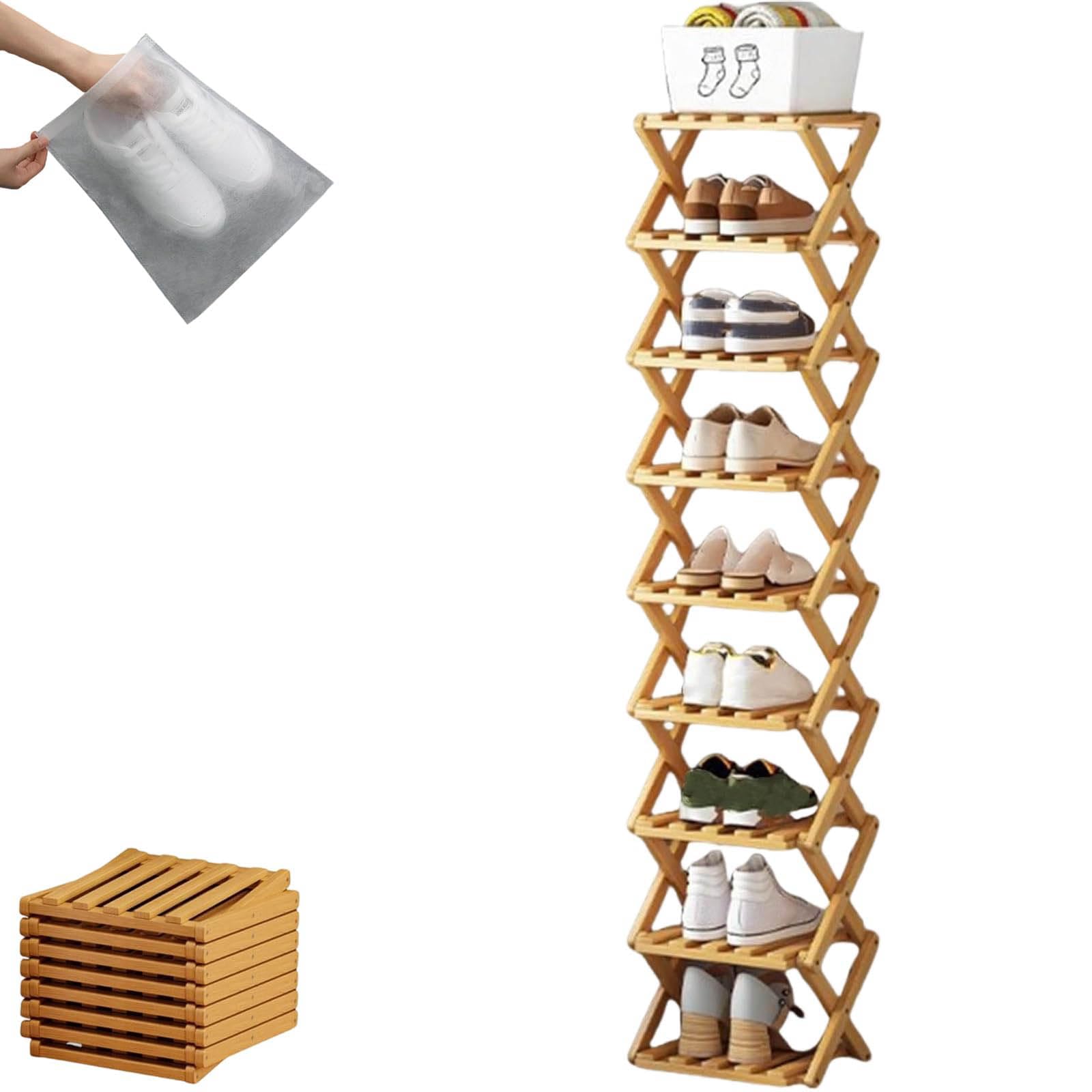 9-poziomowy bambusowy akordeonowy składany regał na buty, bez montażu, z 3 do 9 poziomów, idealny do przedpokoju, szafy i małych przestrzeni. Wood 9 poziomów