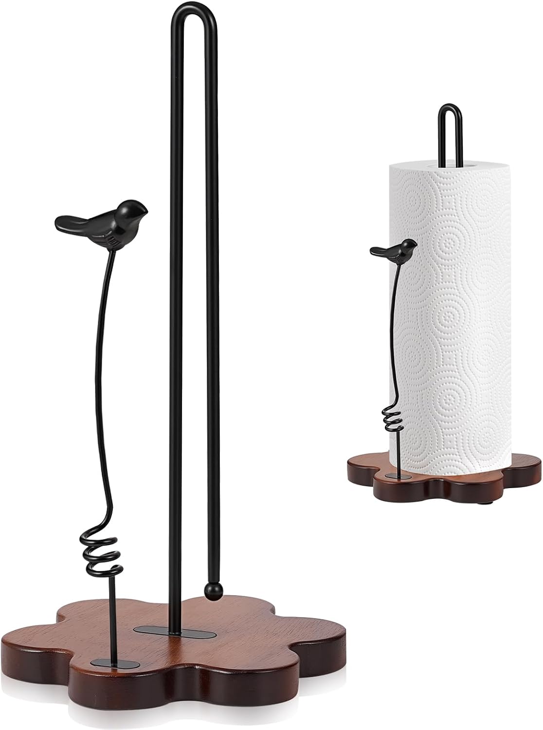 Wood Paper Towel Holder Countertop,Flower Shaped Wood Base with Decorative Spring-Loaded Iron Bird Accent,Dual Iron Rods,Non-Slip Pads,Stable for Kitchen,Dining Room&Home Decor