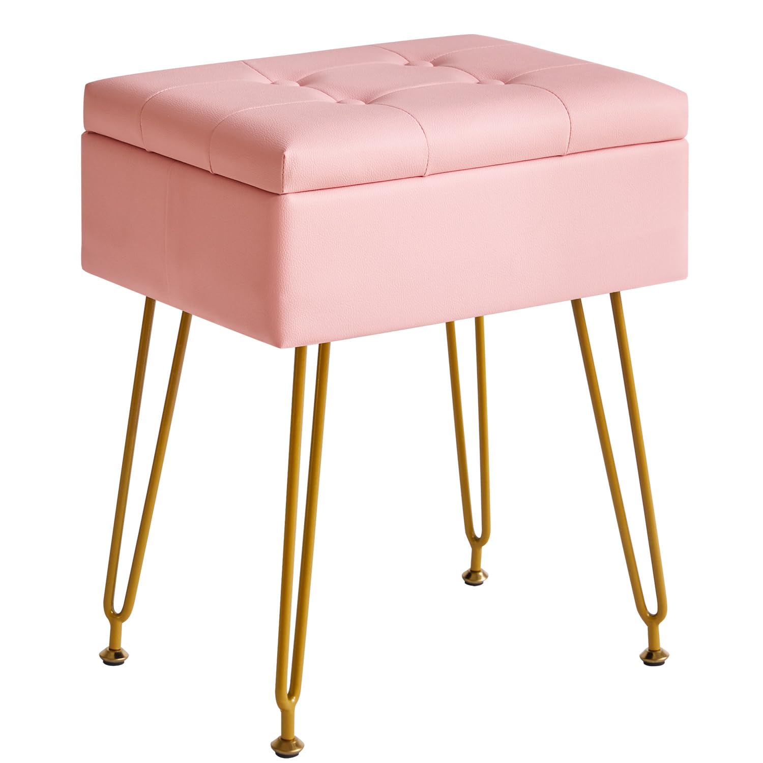 IBUYKE Multifunctional Storage Toilet Stool with Overturned Table, Adjustable Metal Legs and PU Leather - Dressing Table 40x30x48cm Ottoman Stool Pink WBD014P